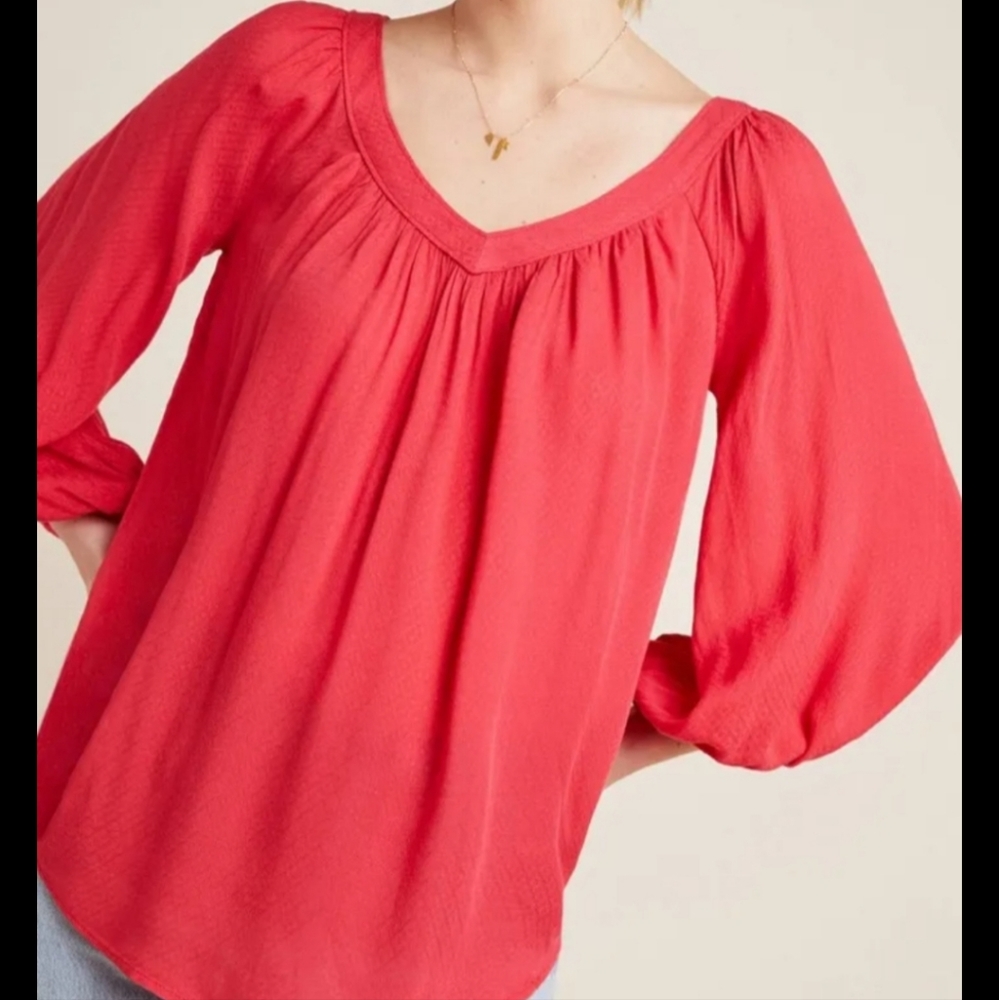 Maeve by Anthropologie | Red 3/4 Sleeve V-Neck Bosewell Blouse